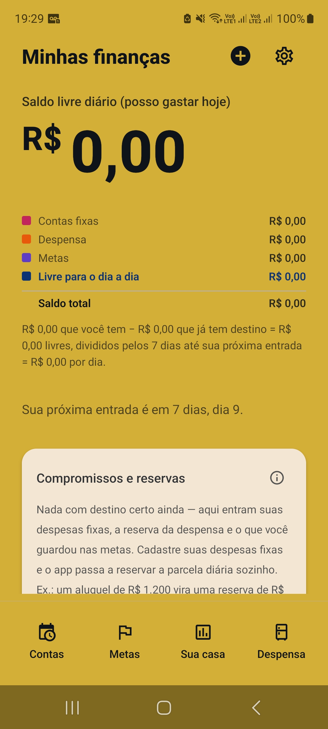 Tela inicial do Aurum mostrando o saldo livre diário, contas, despesas e metas.